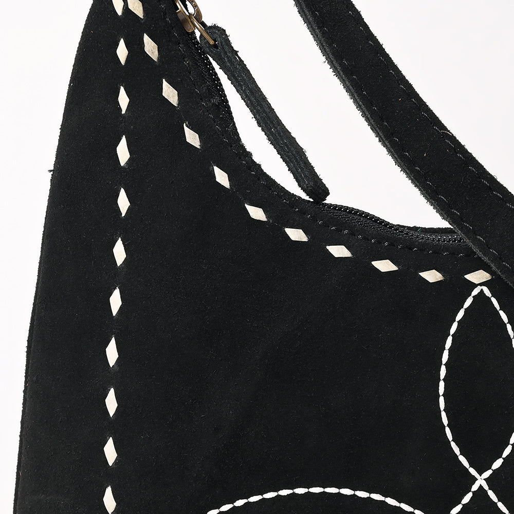 ADBG1617A American Darling Western Genuine Suede Leather Black Hobo Bag with Craftsmanship & Boot Stitch Detailing