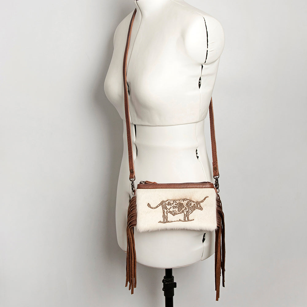 LC-ADBGS142 Western Rodeo Crossbody - Hair-On Leather Bag with Steer Wrestling Print & Fringe