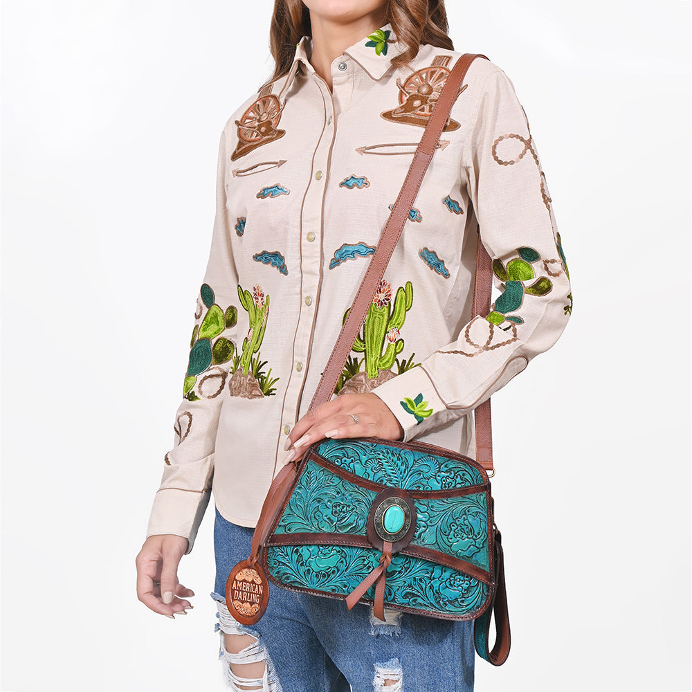 ADBGA1114 American Darling Western Hand-Tooled Turquoise Leather Crossbody Bag with Stone Concho