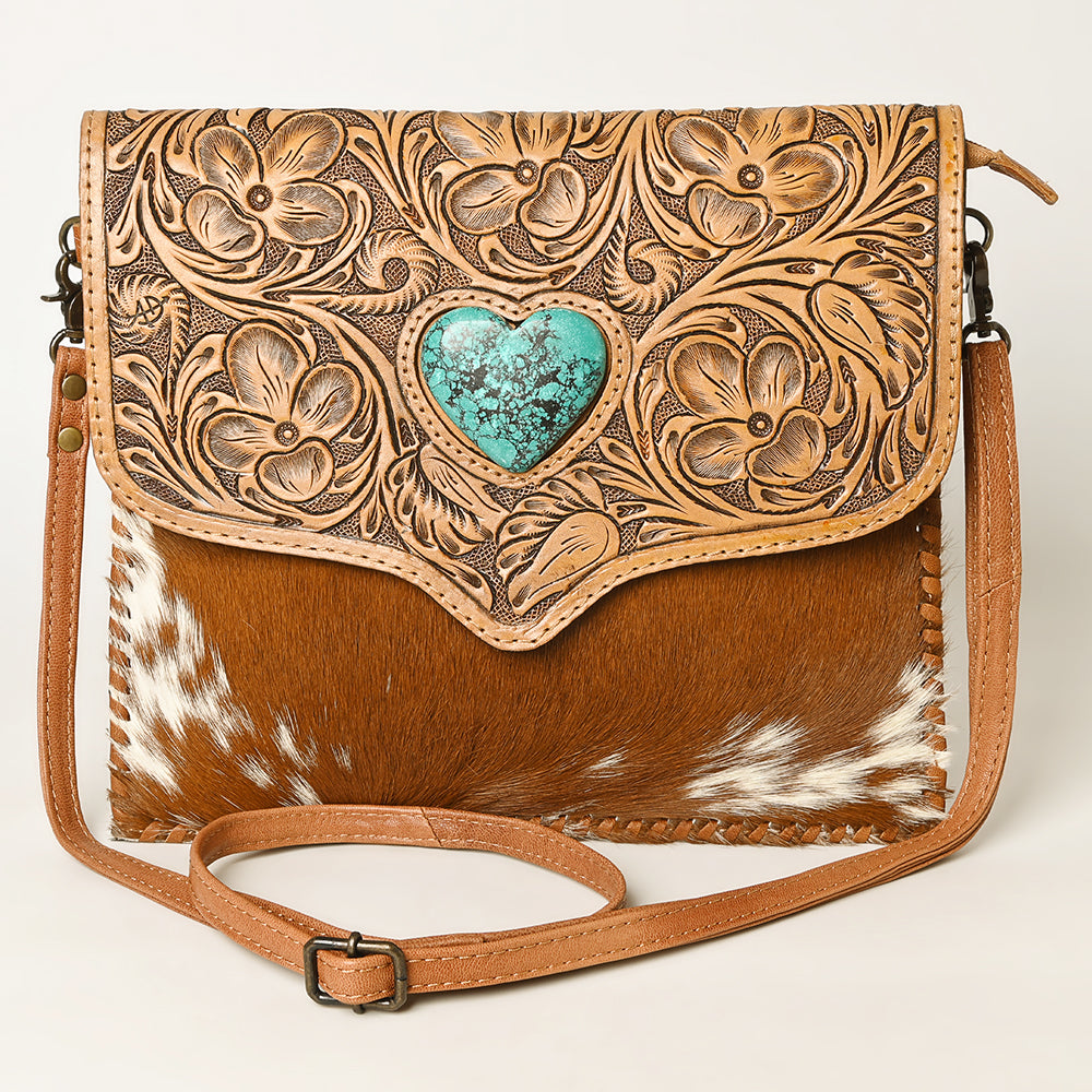 ADBG1389 American Darling Western Leather Crossbody with Hair-On Cowhide & Hand-Tooled Floral Detail