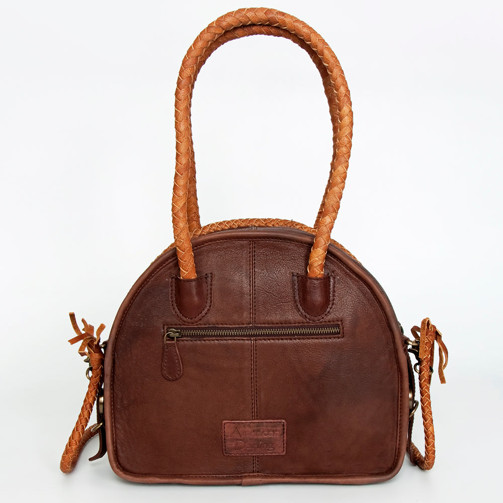 LC-ADBGD162B Round Hair-On Cowhide Leather Western Tote Bag with Turquoise Concho & Braided Fringe