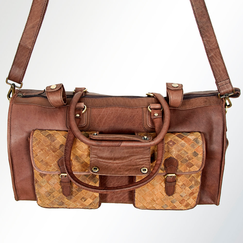 LC-ADBGI124A Woven Leather Panel Duffel Bag - Western Travel Weekender with Dual Front Pockets