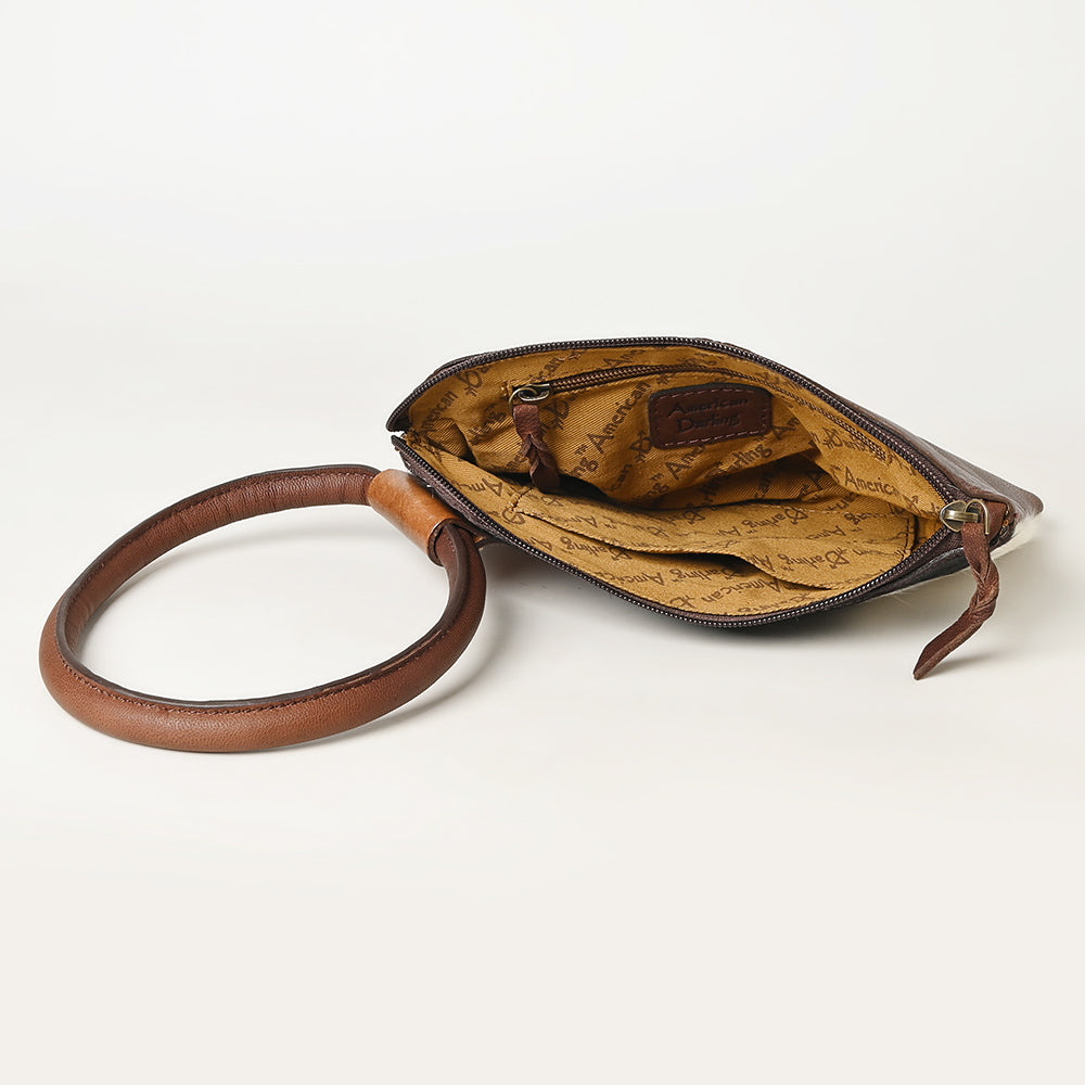 ADBGZ335 Black & White Cowhide Wristlet - Hair-On Hide Clutch with Tooled Leather Detail