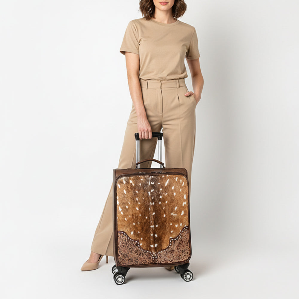 ADBG1599 American Darling Western Genuine Leather Travel Case with Hair-On Cowhide & Hand-Tooled Detailing