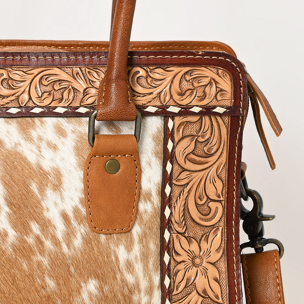 ADBG1393 American Darling Western Leather Tote Bag with Hair-On Cowhide & Hand-Tooled Floral Detailing