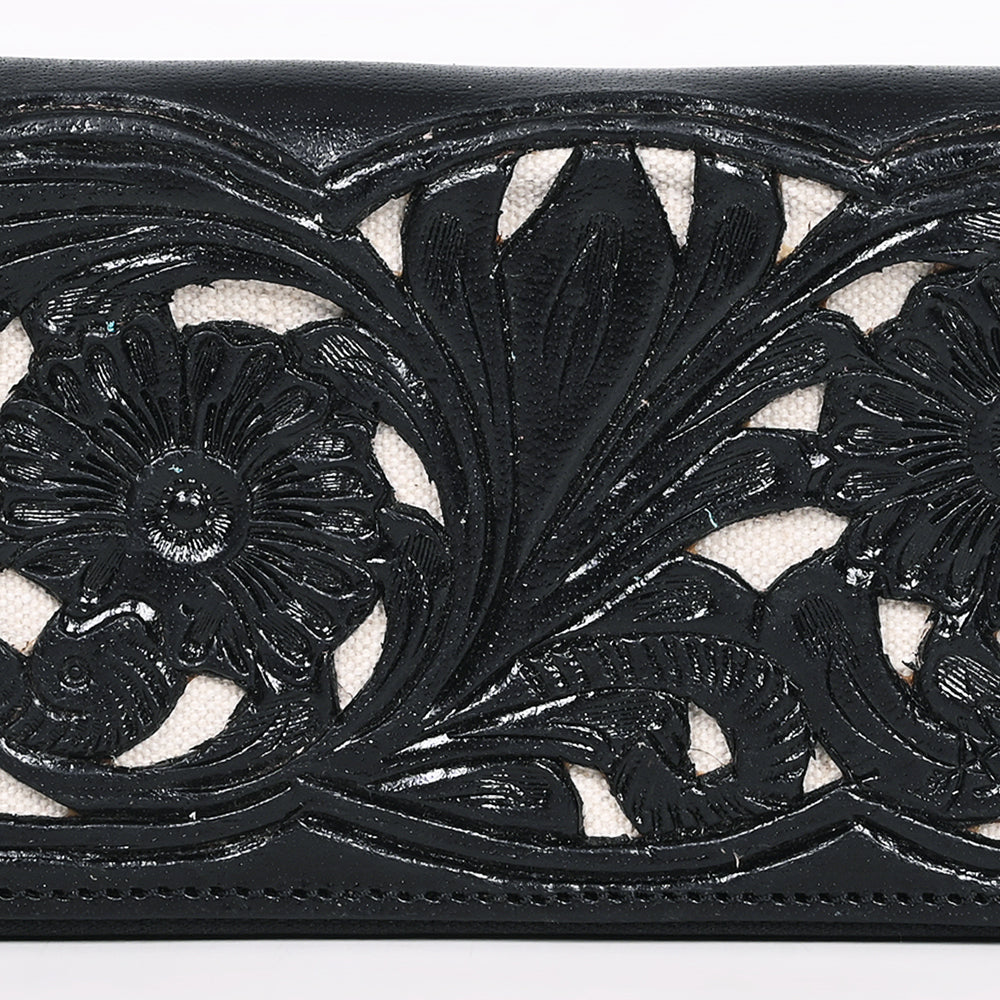 ADBGZ810A Black Hand-Tooled Leather Wallet - Western Floral Zip Wallet with Cream Contrast