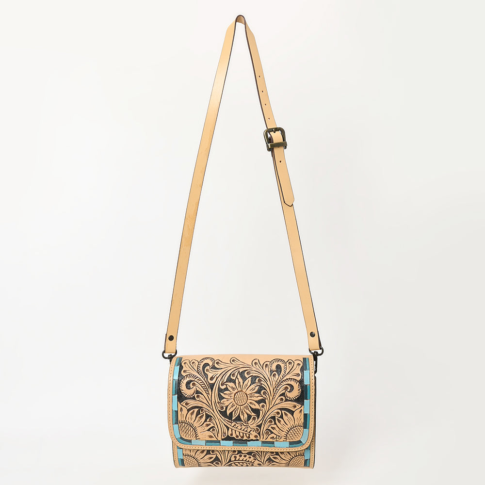 ADBGZ693 Hand-Tooled Leather Western Crossbody Bag - Floral Carving in Natural Tan