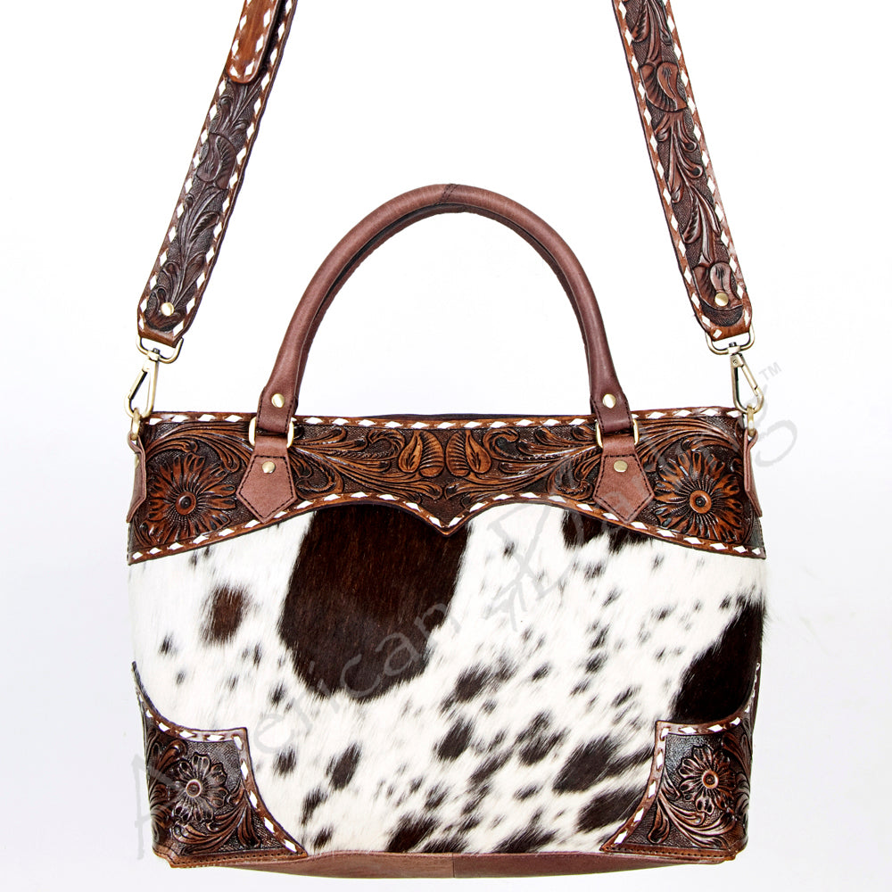ADBGI141 Hand-Tooled Cowhide Leather Western Tote - Floral Tooled Hair-On Bag