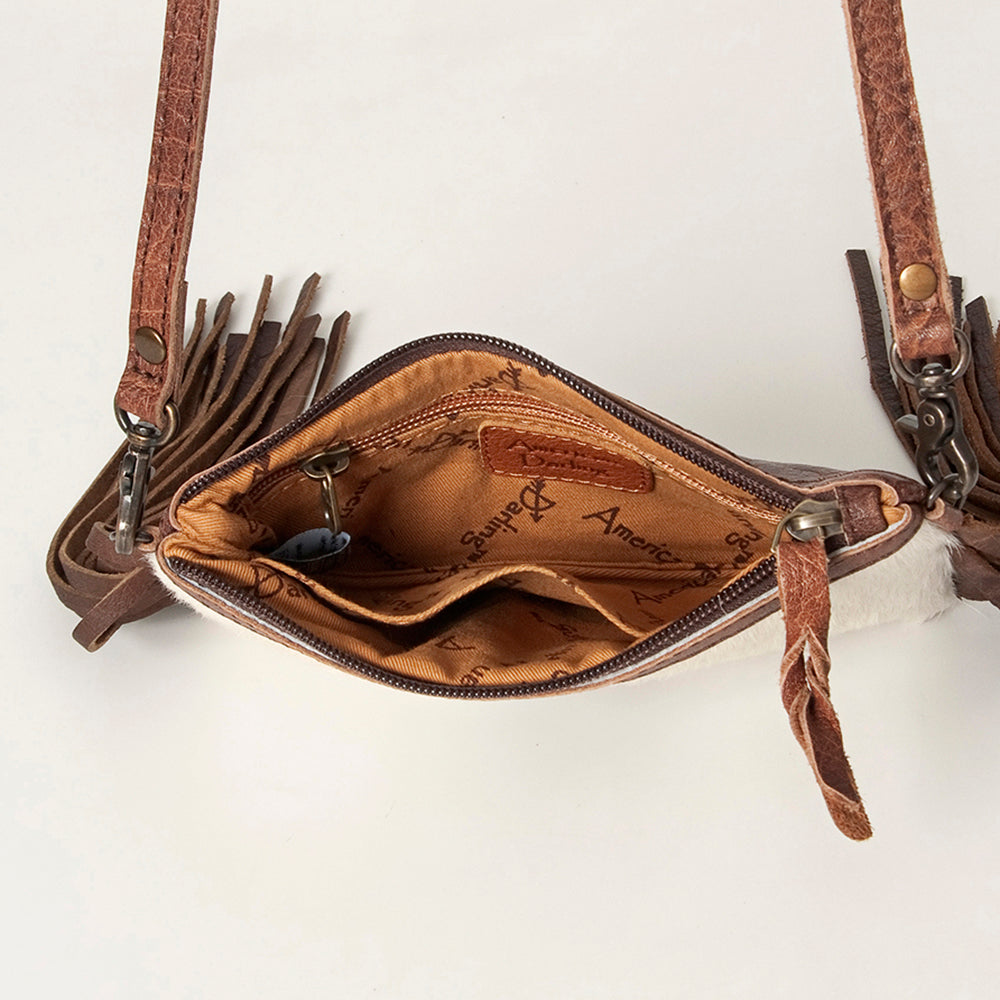 LC-ADBGS142 Western Rodeo Crossbody - Hair-On Leather Bag with Steer Wrestling Print & Fringe