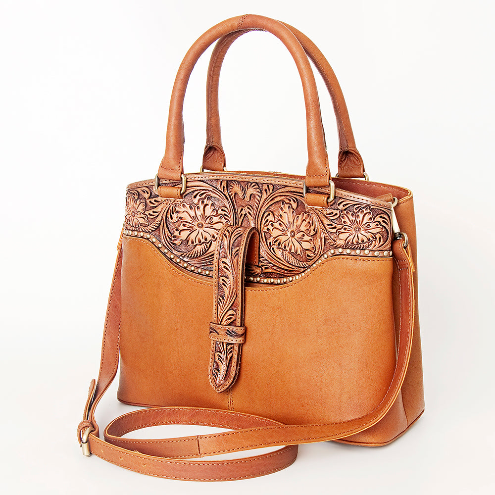 LC-ADBGI180A Hand-Tooled Tan Leather Western Tote - Cowgirl Shoulder Bag with Strap