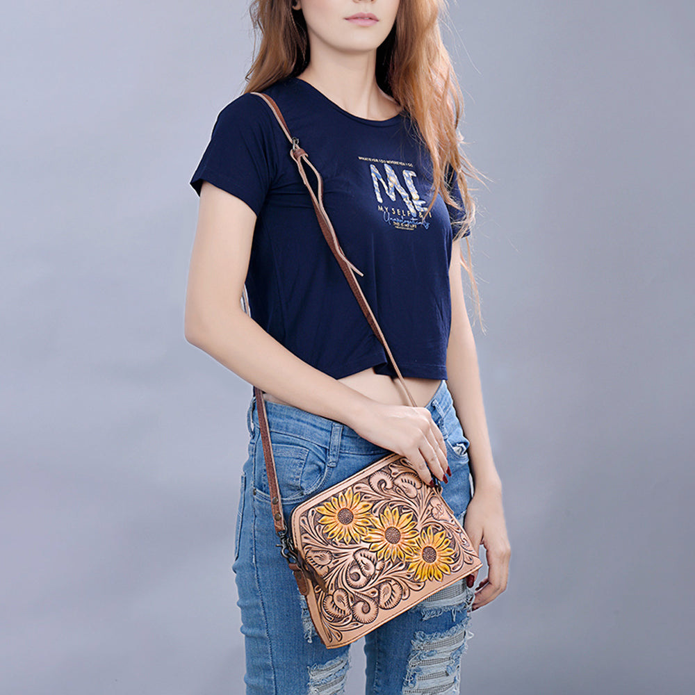 ADBG666 American Darling Hand Tooled Sunflower Floral Western Leather Small Cross body Bag