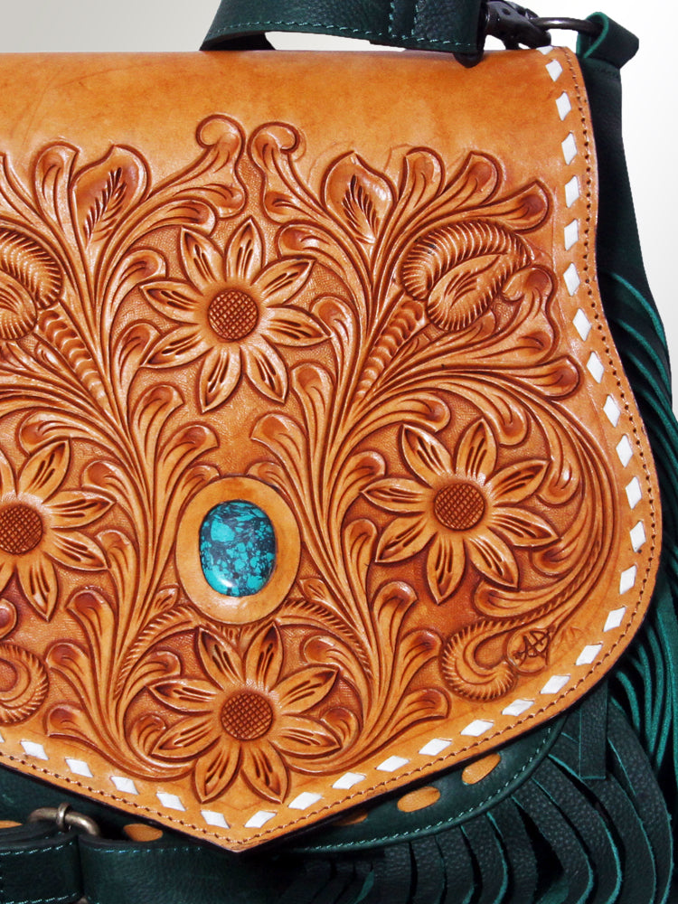 LC-ADBGZ483 Tan & Green Tooled Leather Messenger Bag - Floral Design with Turquoise Accent and Fringe