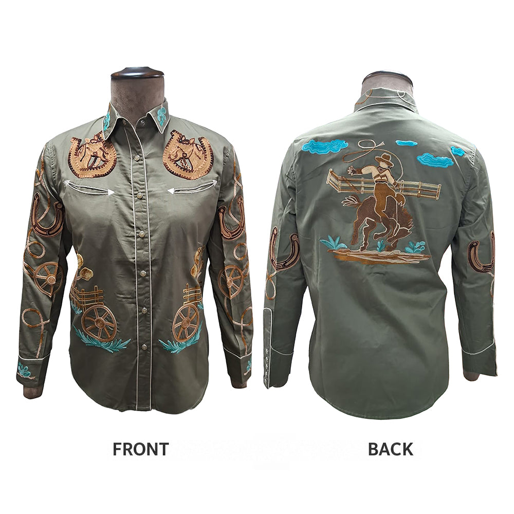 ADSH056 American Darling Saga Green Western Apparel - Embroidered Cotton Twill Horseshoe Shirt
