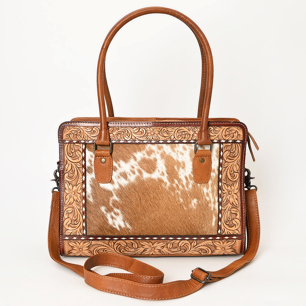 ADBG1393 American Darling Western Leather Tote Bag with Hair-On Cowhide & Hand-Tooled Floral Detailing