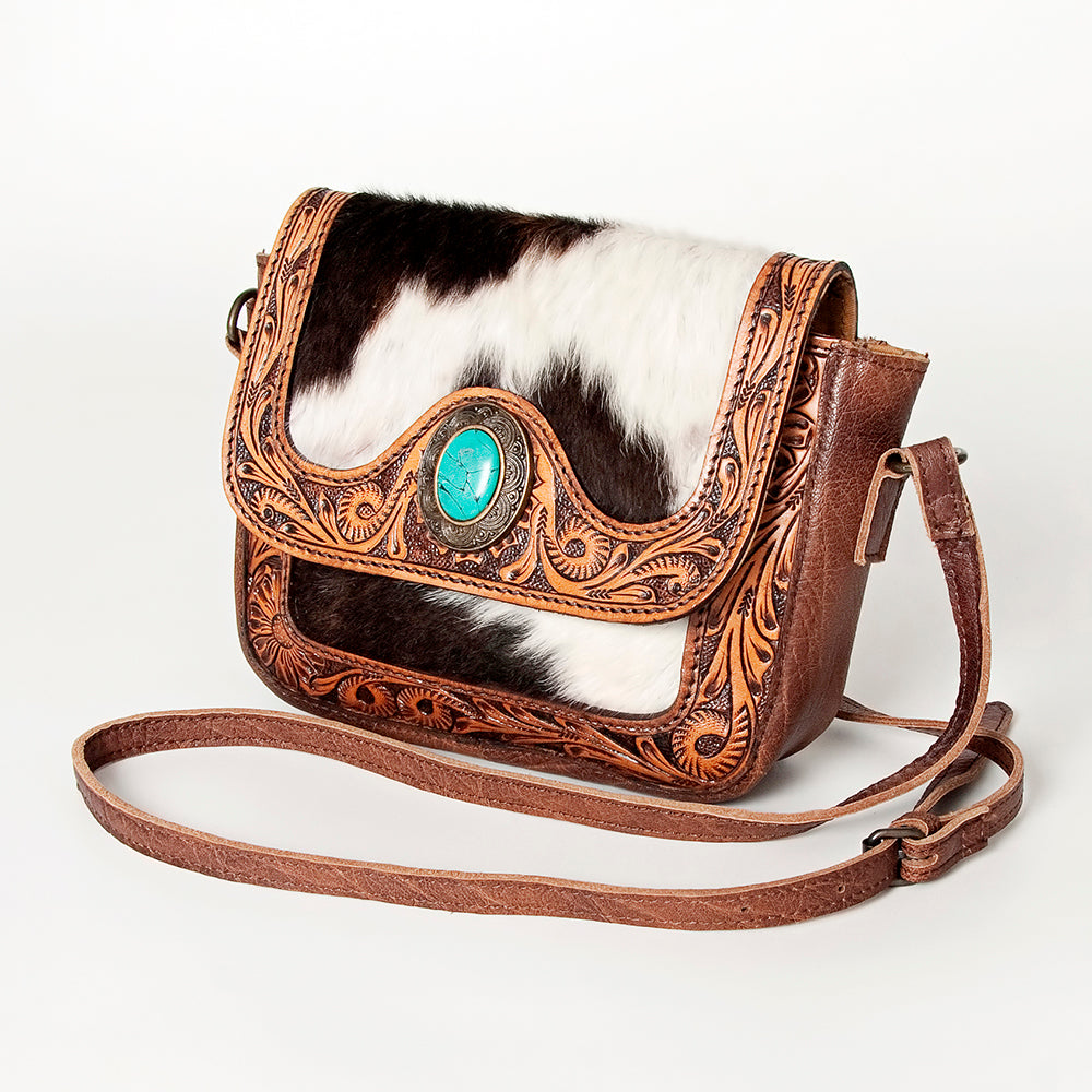 ADBG824 American Darling Hand Tooled Leather Cross body Bag with Hair-On Cowhide and Turquoise Concho