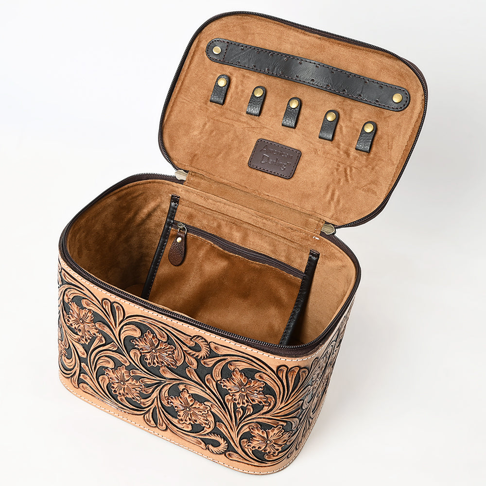 ADBGA576 Hand-Tooled Leather Jewelry Case with Zip Closure and Top Handle