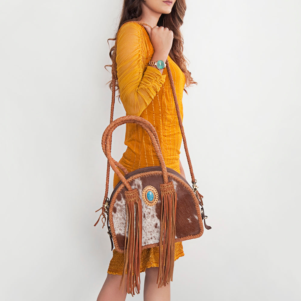 LC-ADBGD162B Round Hair-On Cowhide Leather Western Tote Bag with Turquoise Concho & Braided Fringe