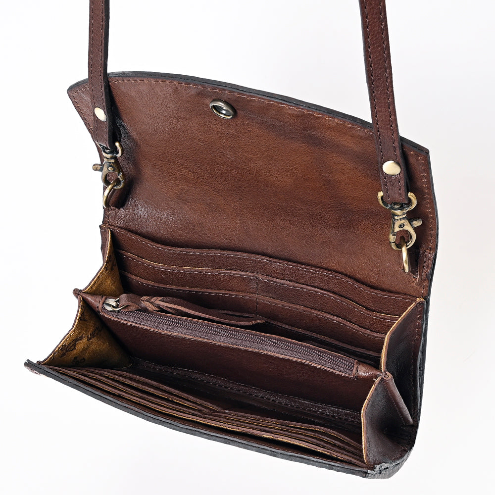 ADBGA379 Western Sunflower Tooled Leather Organiser Bag Handcrafted Floral Crossbody Wallet