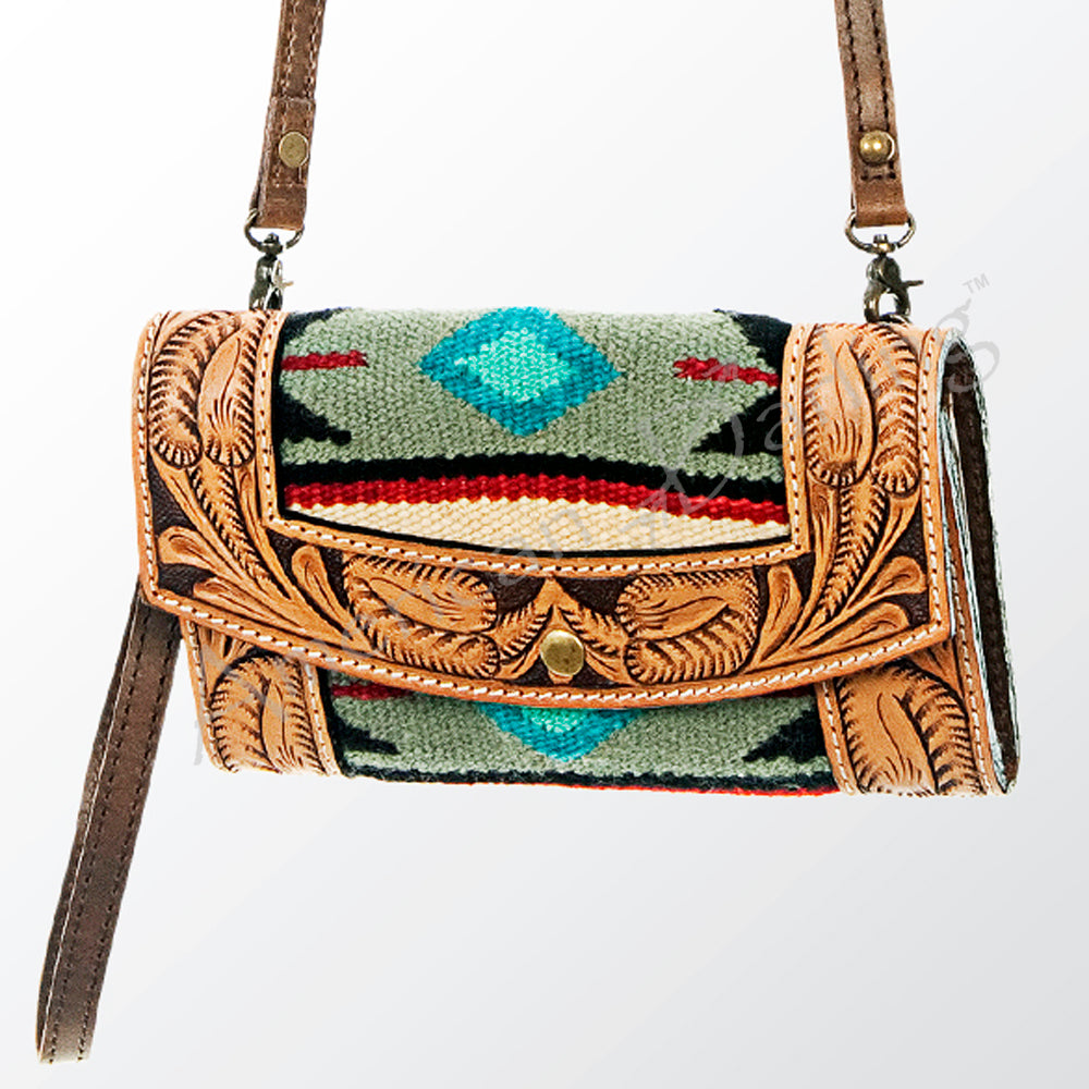 ADBG557DAR1 American Darling Hand Tooled Floral Leather & Woven Saddle Blanket Western Crossbody Bag