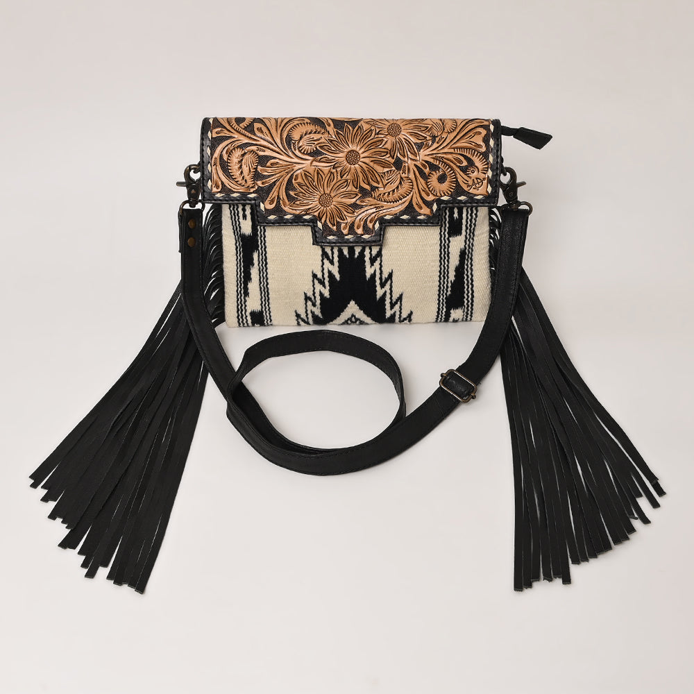 ADBG587 Western Tooled Leather Crossbody Bag with Fringe and Woven Fabric