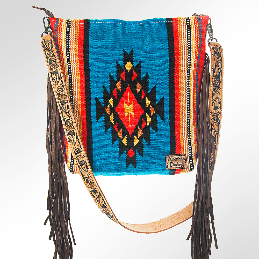ADBG213 American Darling Large Cross body Bag - Hand Tooled Floral Leather & Woven Saddle Blanket
