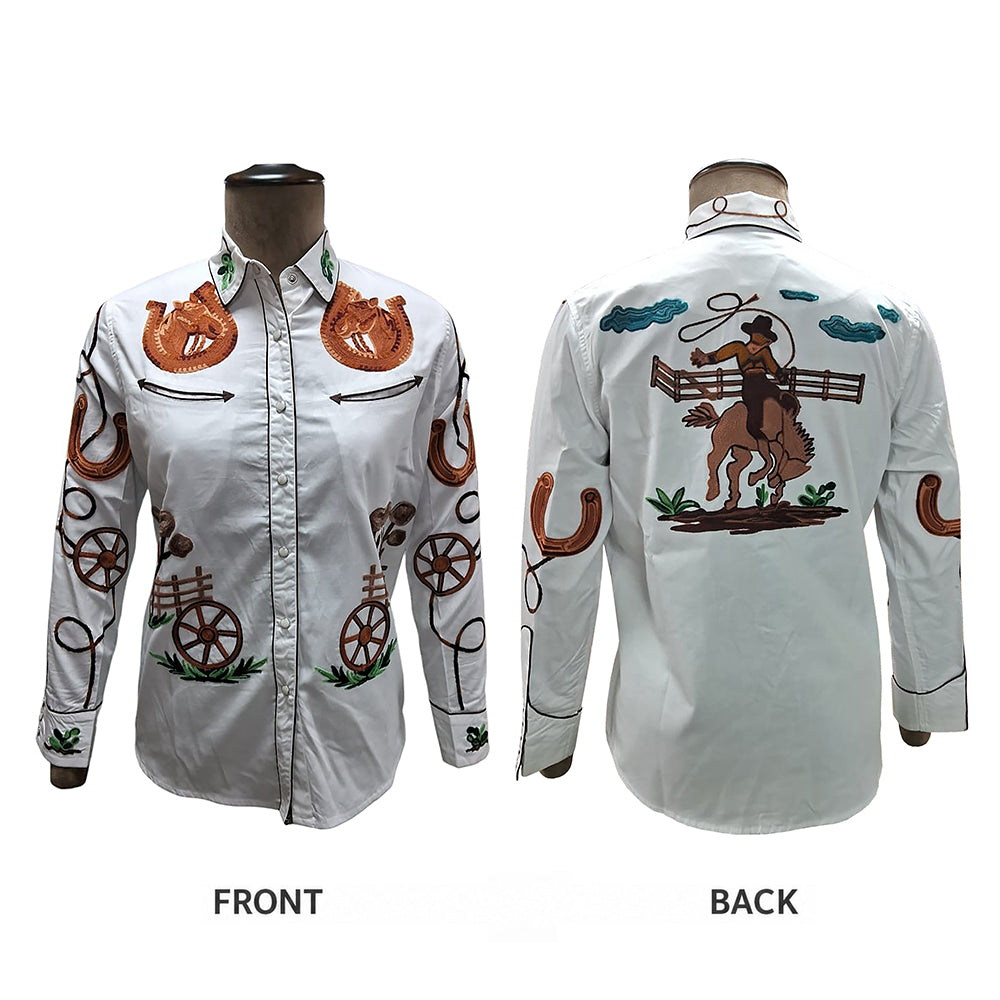 ADSH055 American Darling White Western Apparel - Embroidered Cotton Twill Horseshoe Shirt