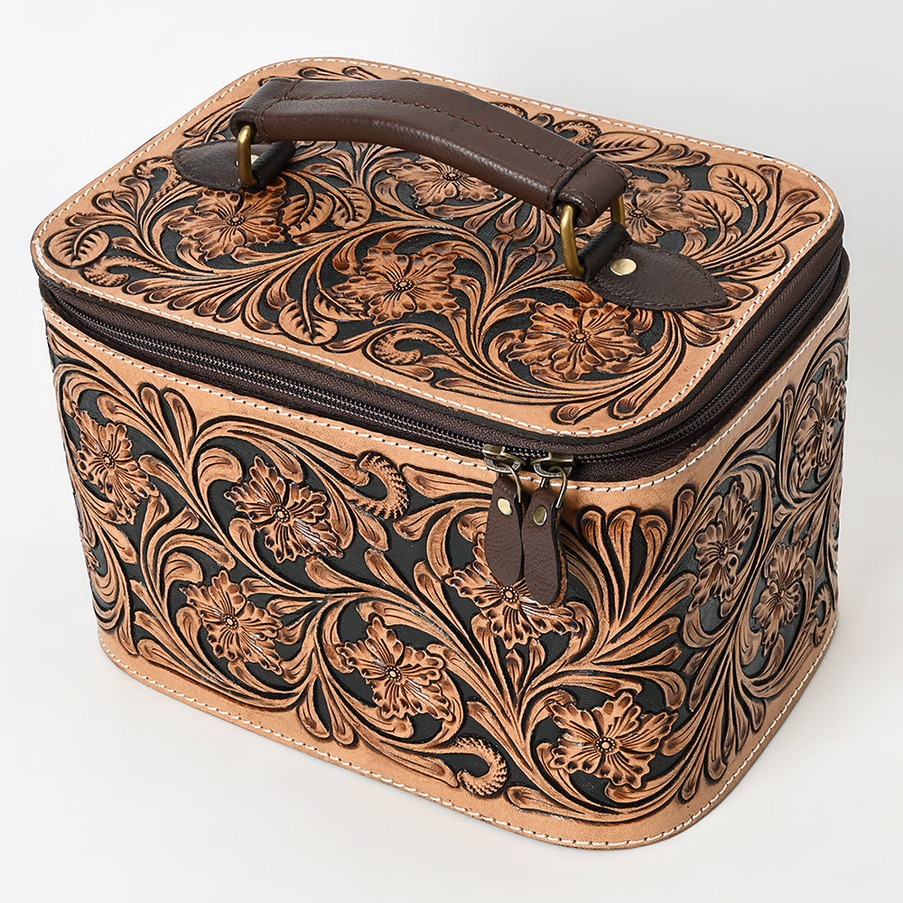 ADBGA576 Hand-Tooled Leather Jewelry Case with Zip Closure and Top Handle