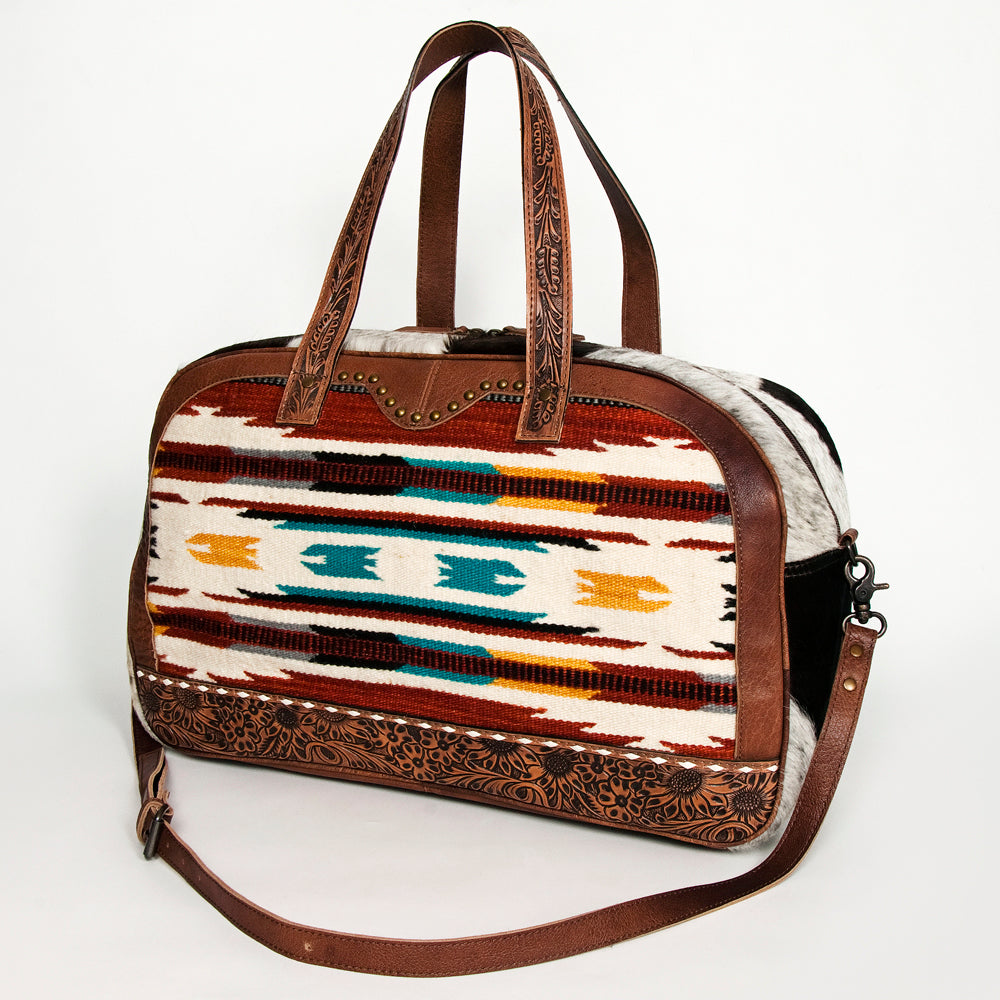 ADBG946 American Darling Handcrafted Western Leather Duffel with Hand Woven Saddle Blanket & Cowhide