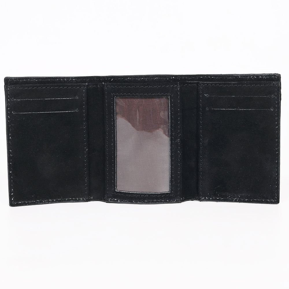 ADBGZ920A Black Genuine suede Leather Trifold Wallet with White Embroidered Stitch Detail