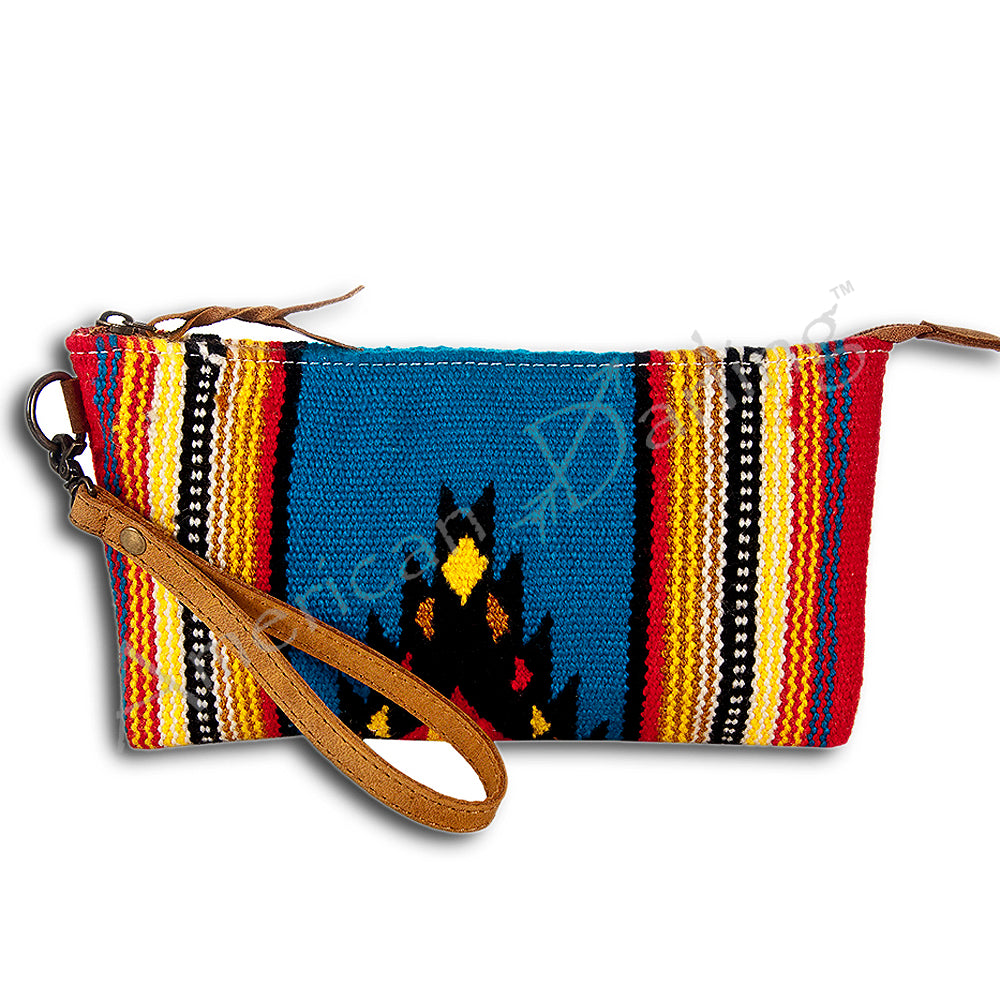 ADBG344 Southwestern Wool Wristlet Clutch with Tribal Pattern and Leather Strap