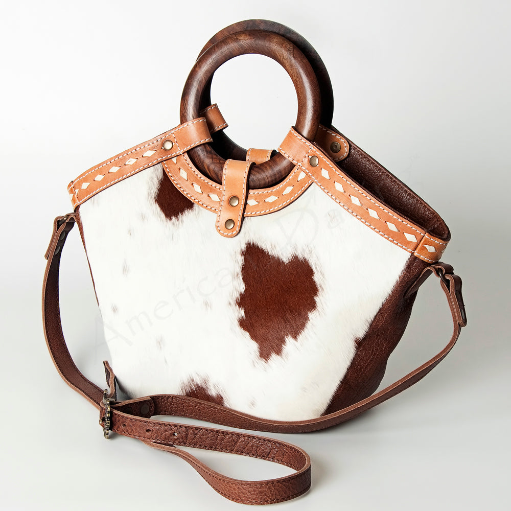 ADBG689B Western Hair On Leather Tote Bag with Wooden Handles American Darling Handcrafted Shoulder Bag