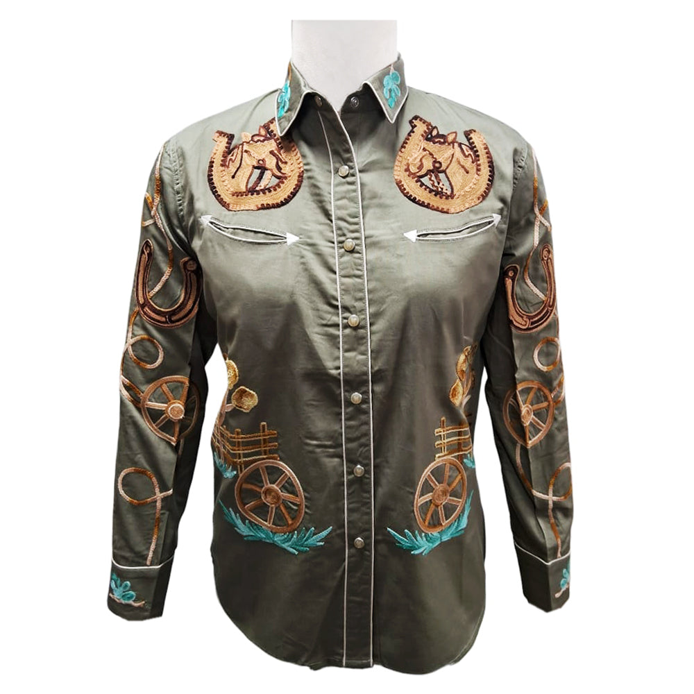 ADSH056 American Darling Saga Green Western Apparel - Embroidered Cotton Twill Horseshoe Shirt