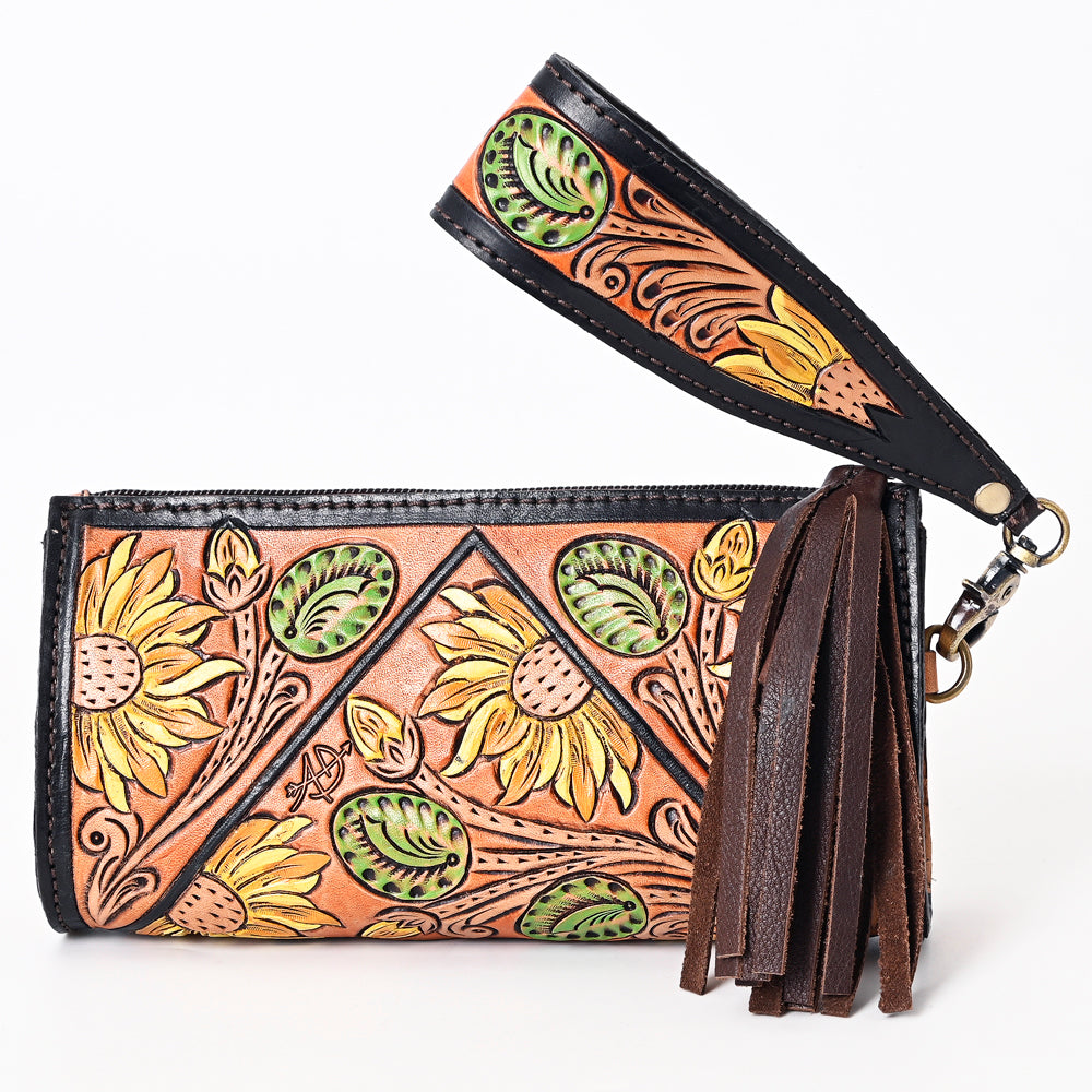 ADBGA387 American Darling Hand Tooled Floral Carved Genuine Leather Fringe Wristlet Bag