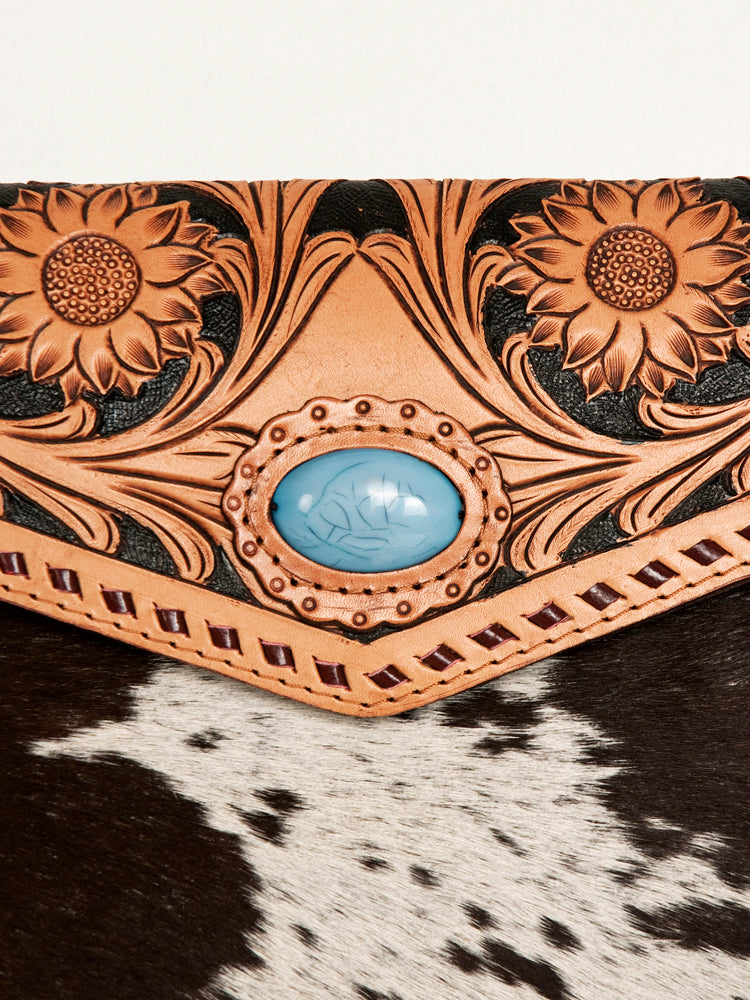 ADBGD120 American Darling Hand Tooled Floral & Hair-On Cowhide Envelope with Turquoise Concho