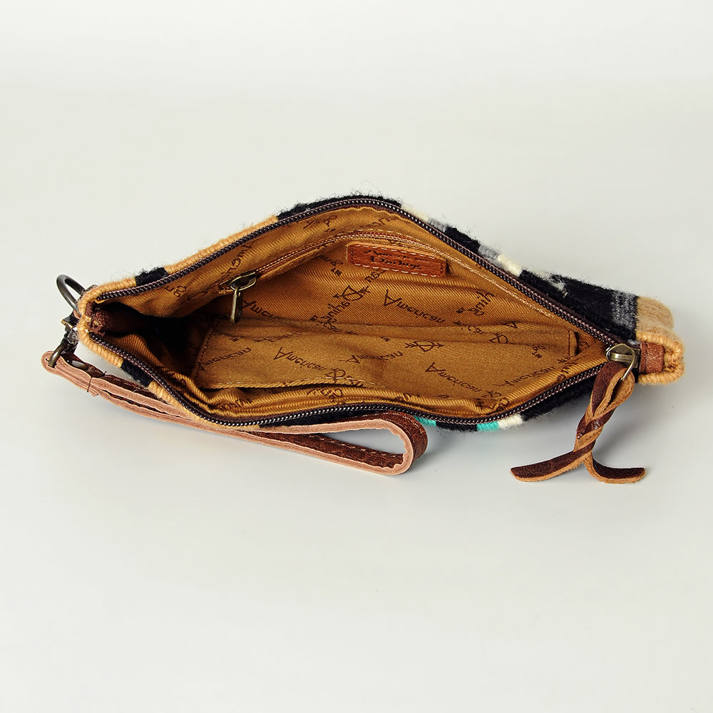 ADBG344 Southwestern Wool Wristlet Clutch with Tribal Pattern and Leather Strap