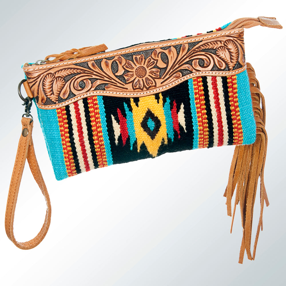ADBG344 American Darling Western Leather Wristlet Bag with Hand Tooled Floral Detail & Saddle Blanket