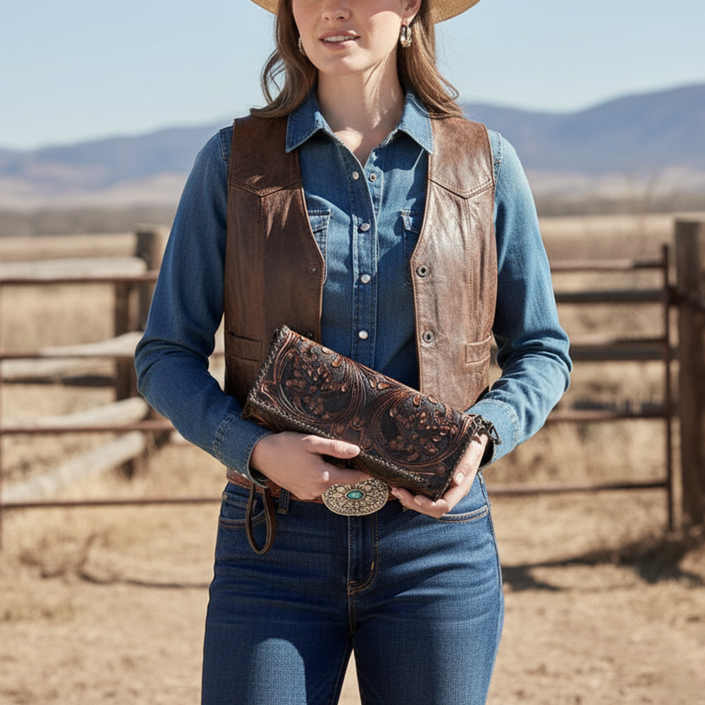 ADBG1106 American Darling Hand-Tooled Leather Western Wristlet Handbag Genuine Leather Floral Carved Wristlet