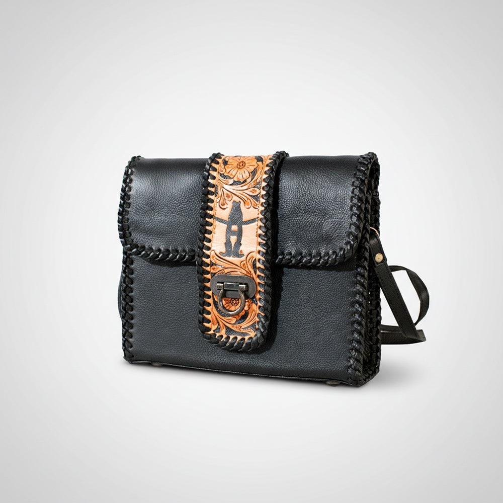 Laurel Rodeo Genuine Hand Tooled Black Leather Crossbody Bag