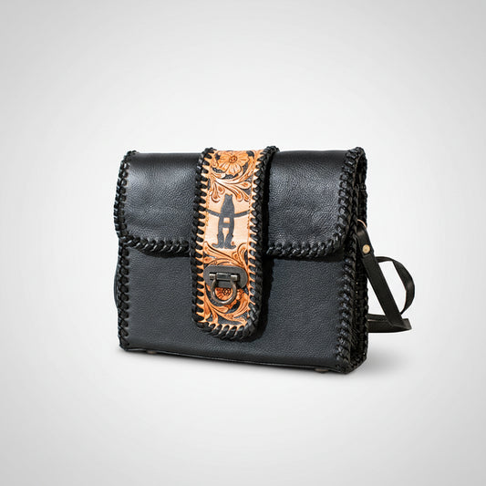 Laurel Rodeo Genuine Hand Tooled Black Leather Crossbody Bag