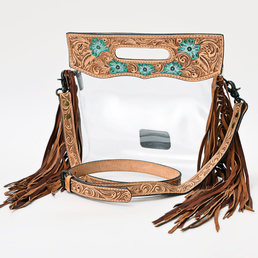 ADBG1163 American Darling Tooled Clear Bag with Fringe -Floral Crossbody Bag