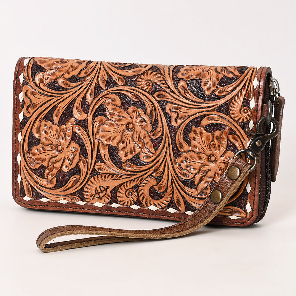 ADBG1591 American Darling Hand-Tooled Leather Wristlet Bag with Floral Carving & Western Buck Stitching