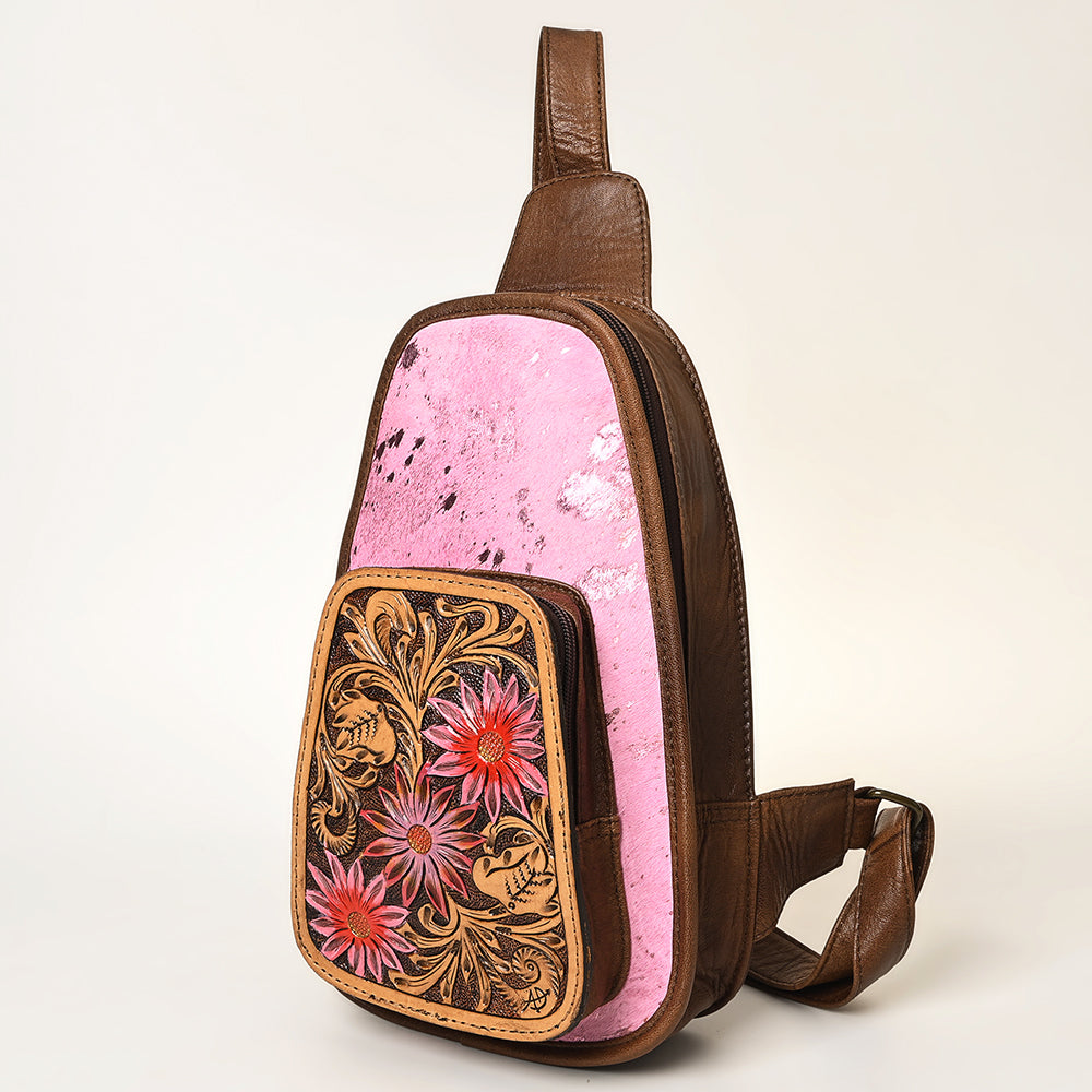 ADBG1146 American Darling Pink Cowhide Sling Bag | Tooled Leather Backpack