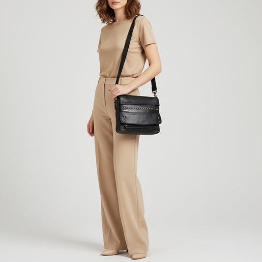 SWC170 Flap-Front Studded Crossbody Bag