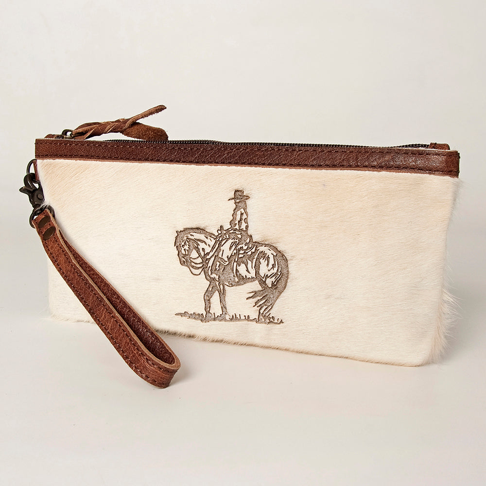 ADBG344 American Darling Western Leather Wristlet Bag in White Hair-On Cowhide