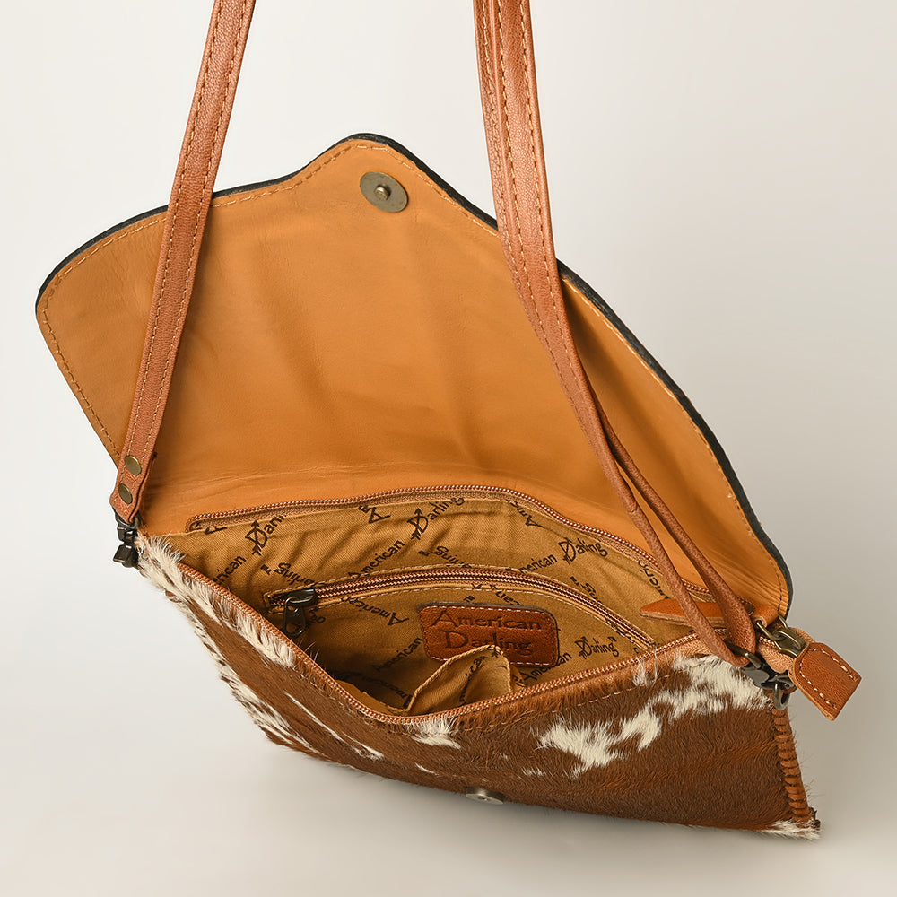 ADBG1389 American Darling Western Leather Crossbody with Hair-On Cowhide & Hand-Tooled Floral Detail