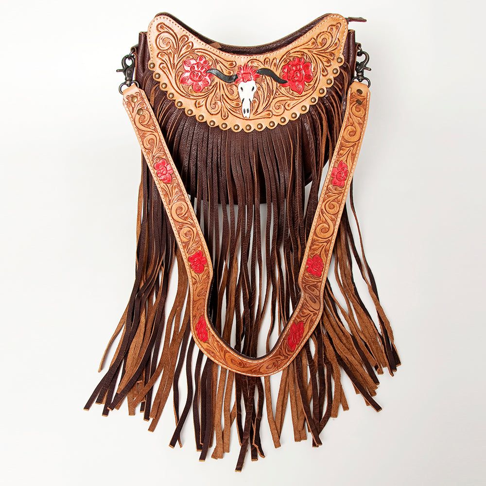 ADBG523 American Darling Hand Tooled Floral Leather Crossbody Bag with Fringes