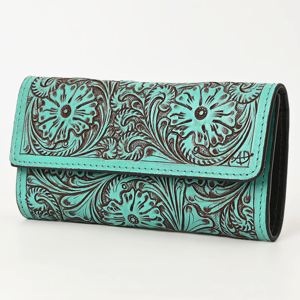 ADBGZ736 Hand Tooled Leather Tri-Fold Wallet - Natural Western Floral Cowgirl Style