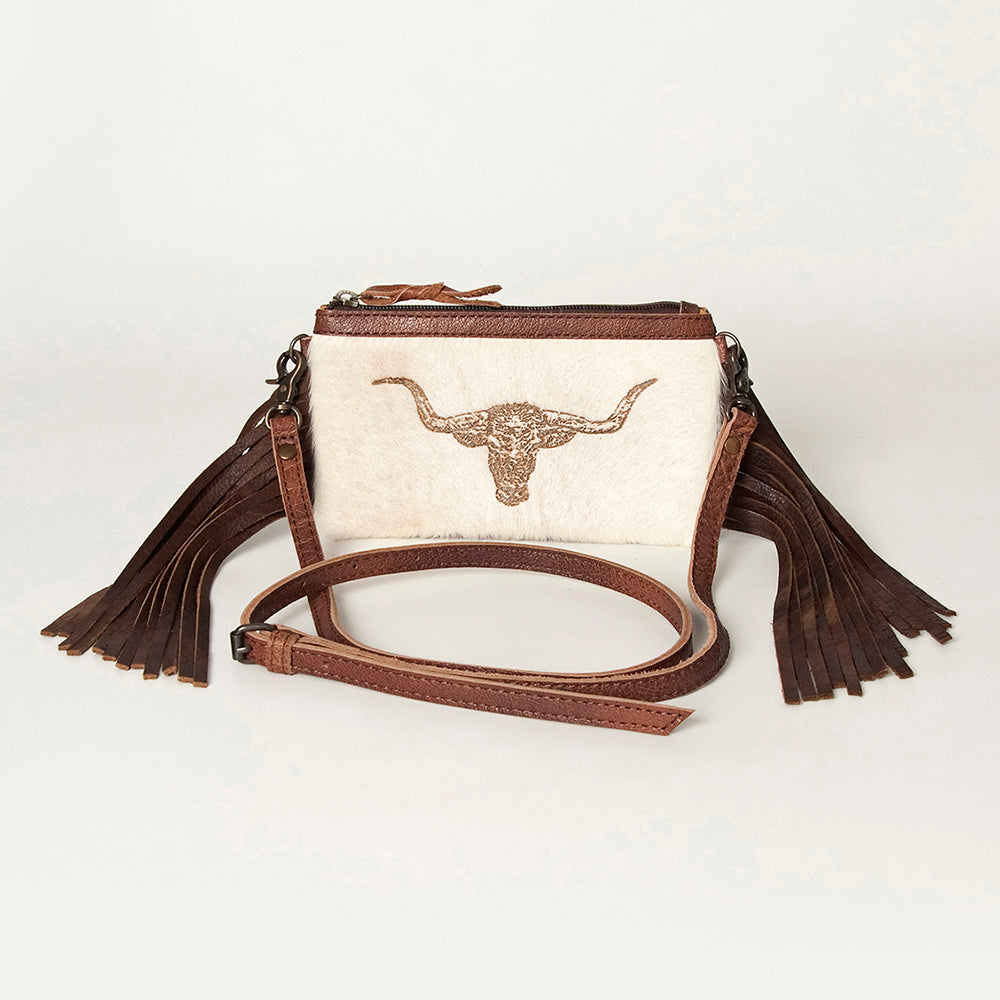 LC-ADBGS142 Western Rodeo Crossbody - Hair-On Leather Bag with Steer Wrestling Print & Fringe