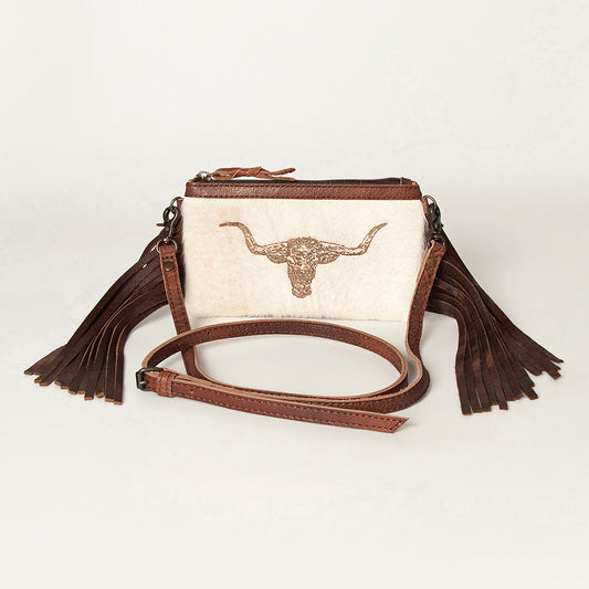 LC-ADBGS142 Western Rodeo Crossbody - Hair-On Leather Bag with Steer Wrestling Print & Fringe