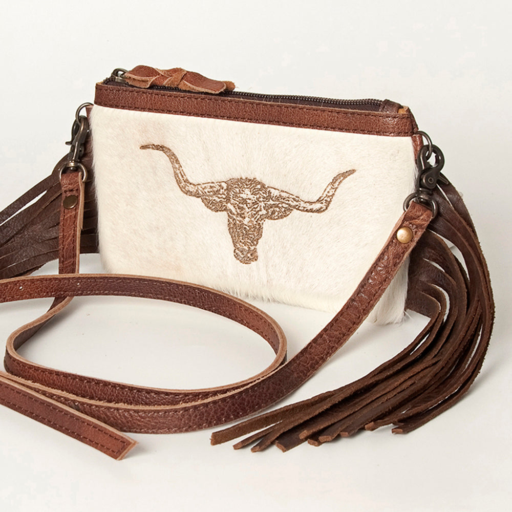 LC-ADBGS142 Western Rodeo Crossbody - Hair-On Leather Bag with Steer Wrestling Print & Fringe